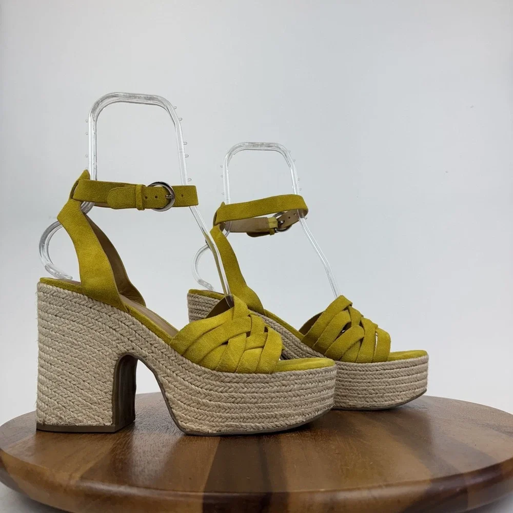 Womens Marc Fisher Oaten Gold Suede Platform Espadrille Sandals Heels Size 10‎ M